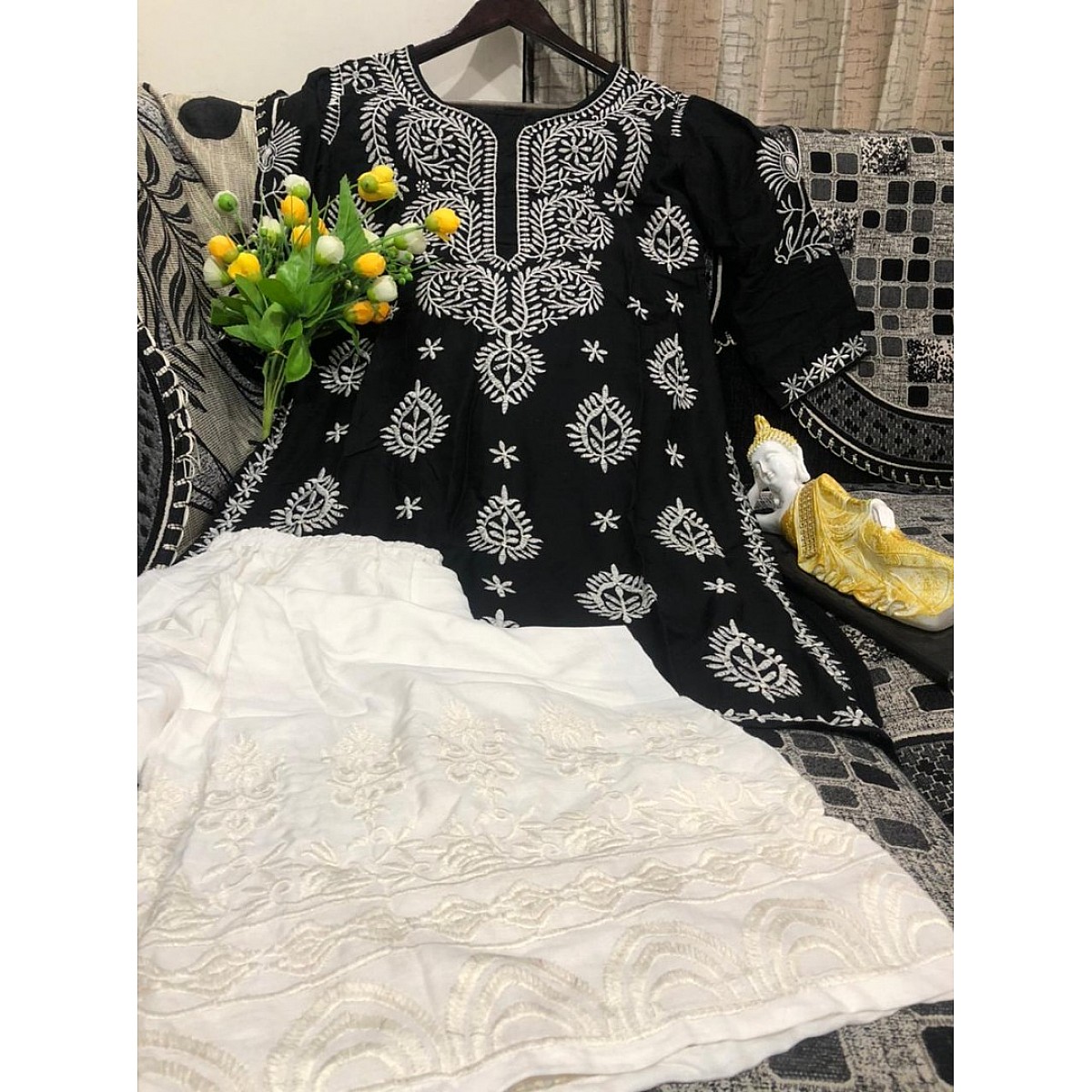Palazzo Suits : Black rayon embroidered plazzo suit