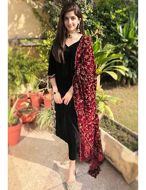 Black rayon suit with embroidered dupatta