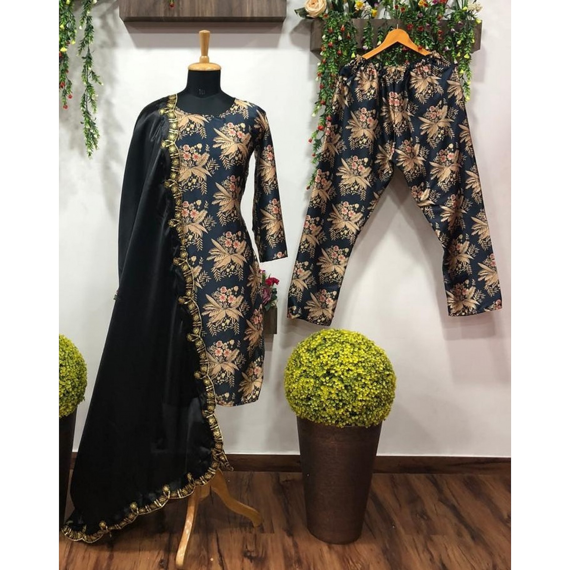 Salwar Suits : Black satin digital printed salwar suit