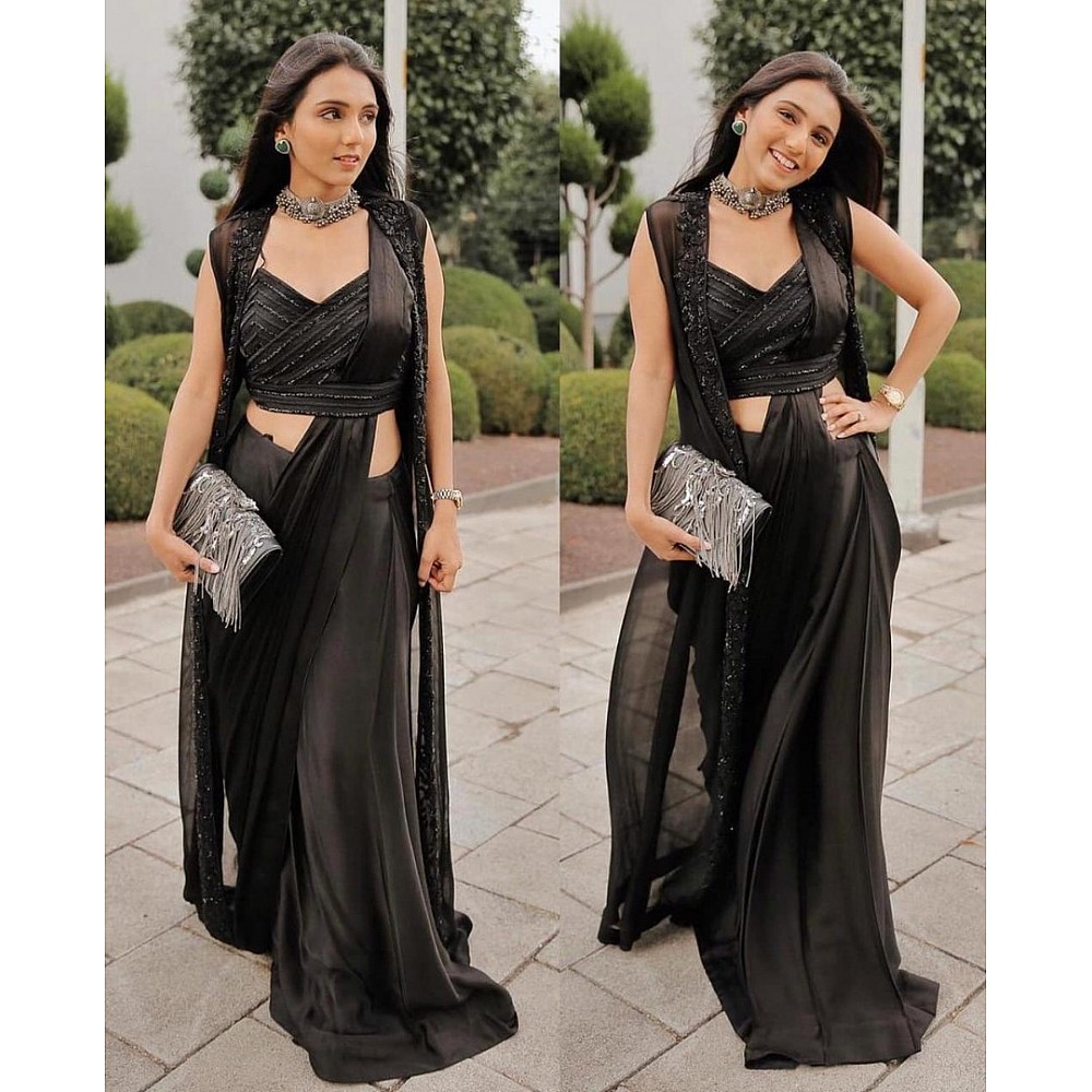 Black satin silk indowestern party wear saree
