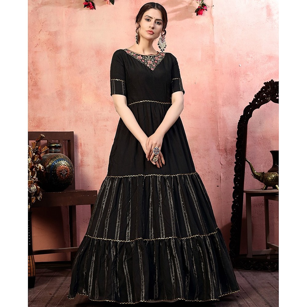 Black silk sequence thread embroidered party wear gown  