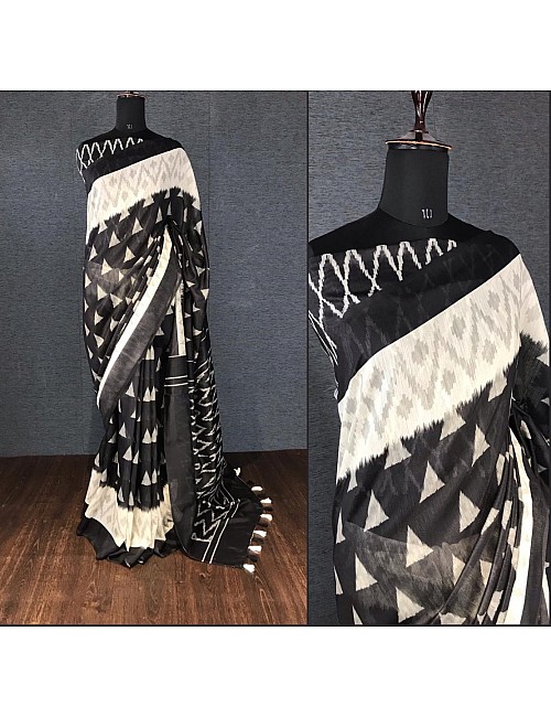 Black slub linen cotton digital printed work saree