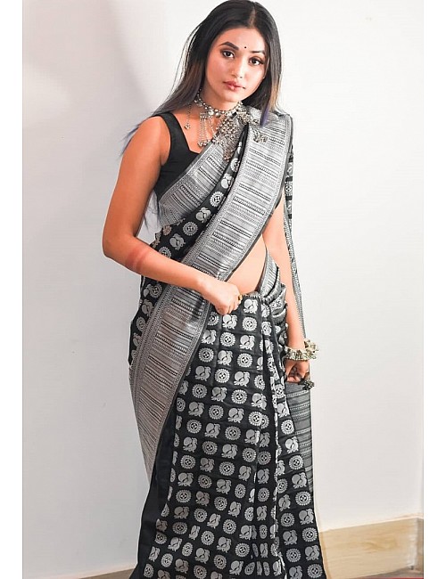 Black soft lichi silk jacquard weaving work wedding saree