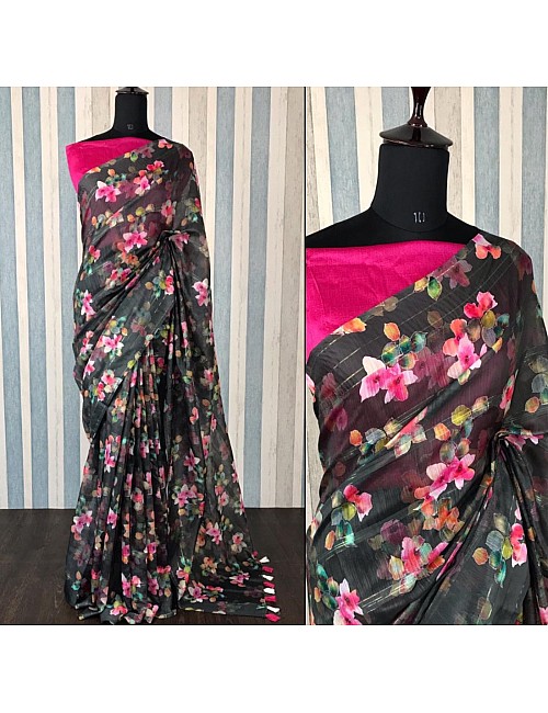 Black soft linen zari weaving digital printed work saree