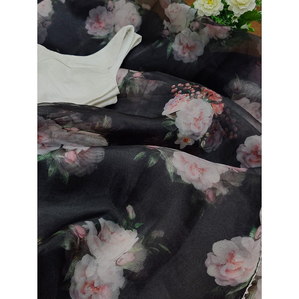 Black soft organza digital floral printed work saree