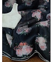 Black soft organza digital floral printed work saree