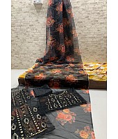Black soft organza silk with digital flower printed work saree