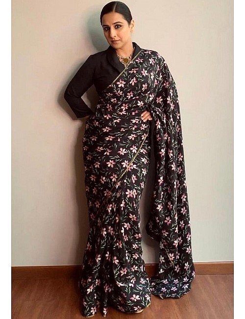 Black soft silk floral digital printed partywear saree