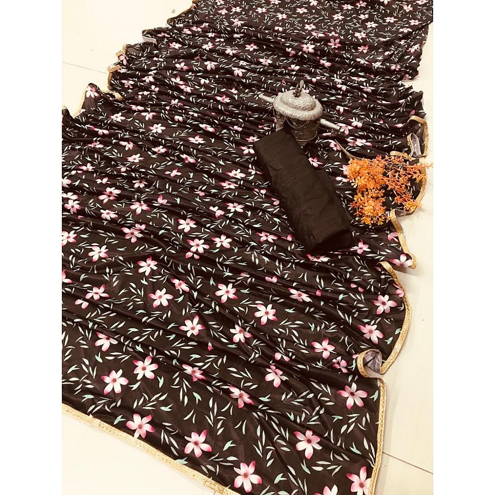 Black soft silk floral digital printed partywear saree