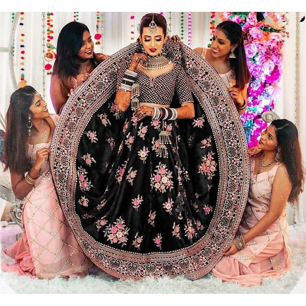 Black taffeta velvet heavy embroidered work wedding lehenga choli