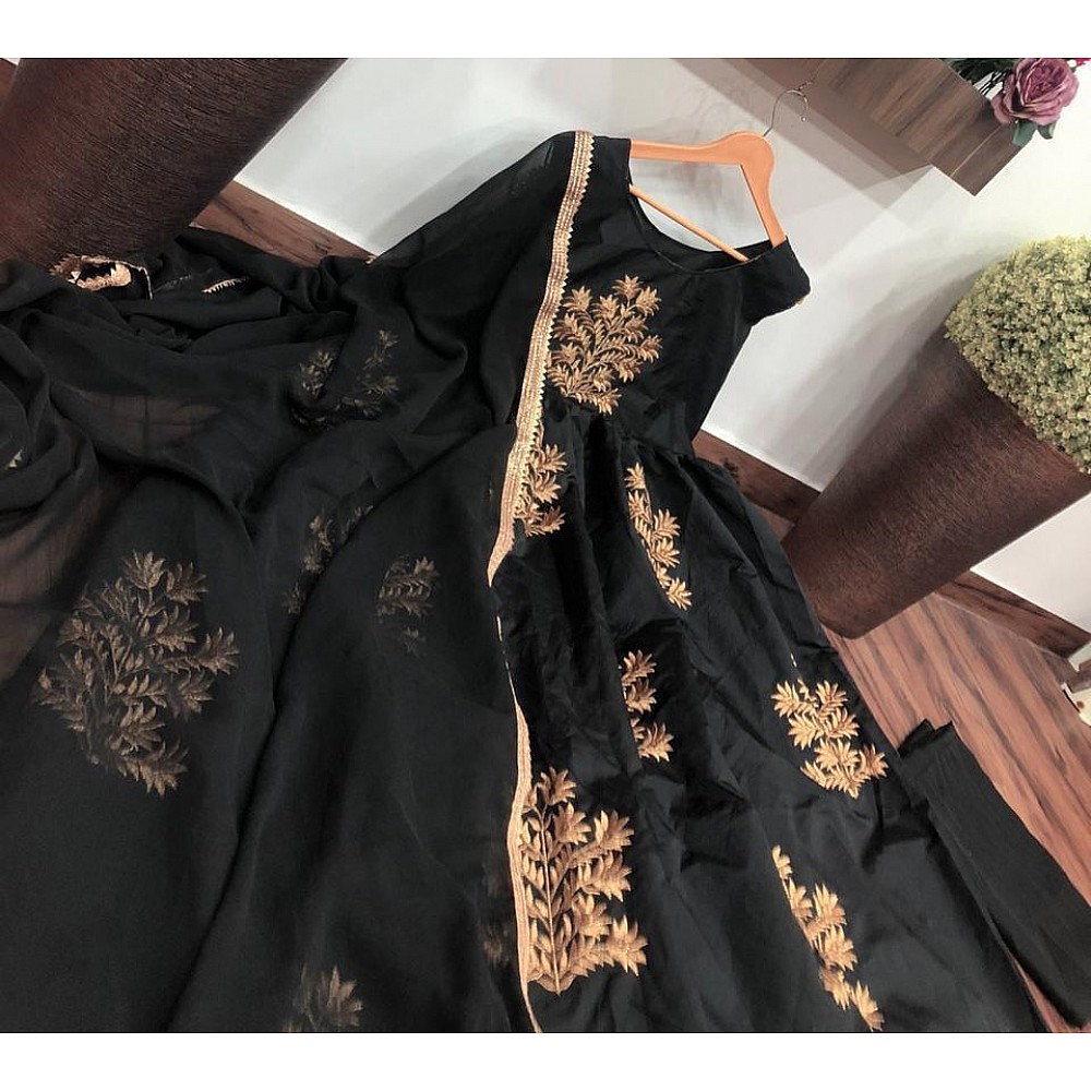 Black tapeta silk embroidered long anarkali gown