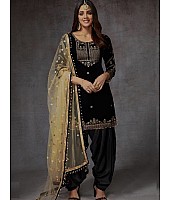 Black velvet embroidered patiala salwar suit