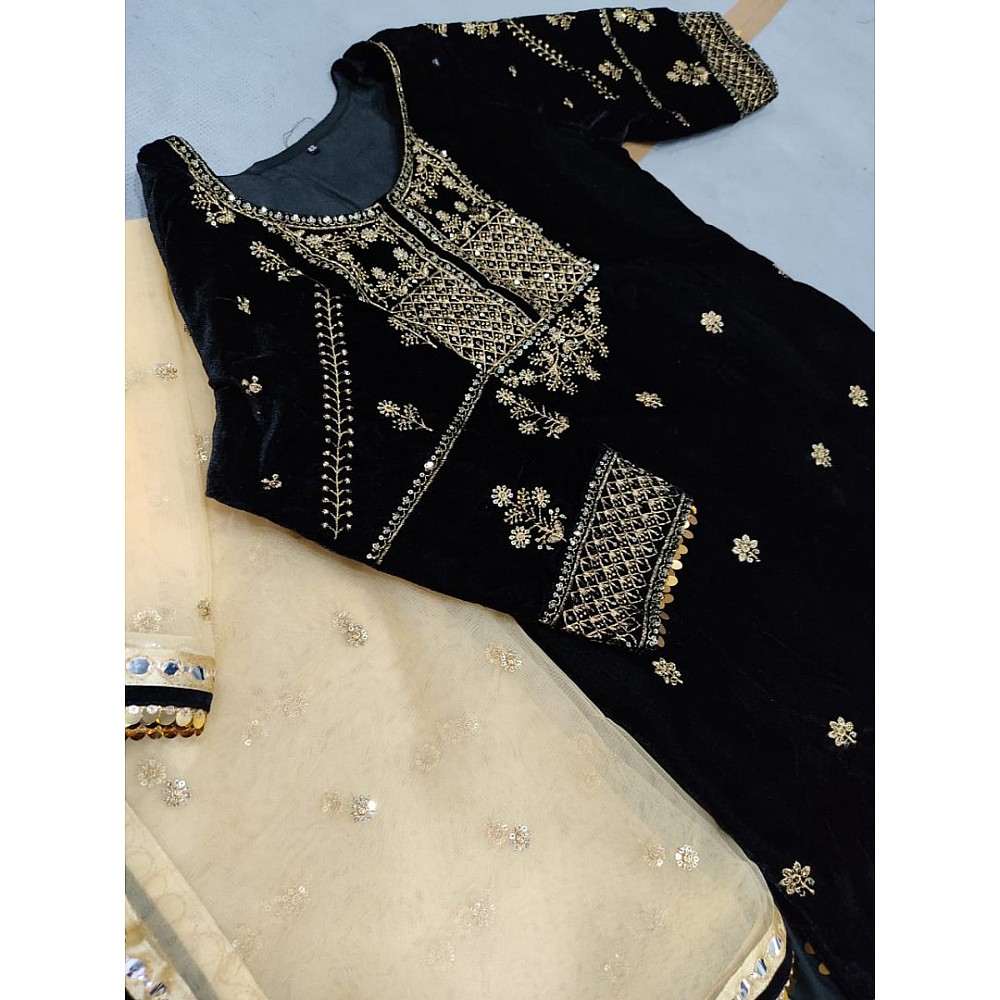 Black velvet embroidered patiala salwar suit