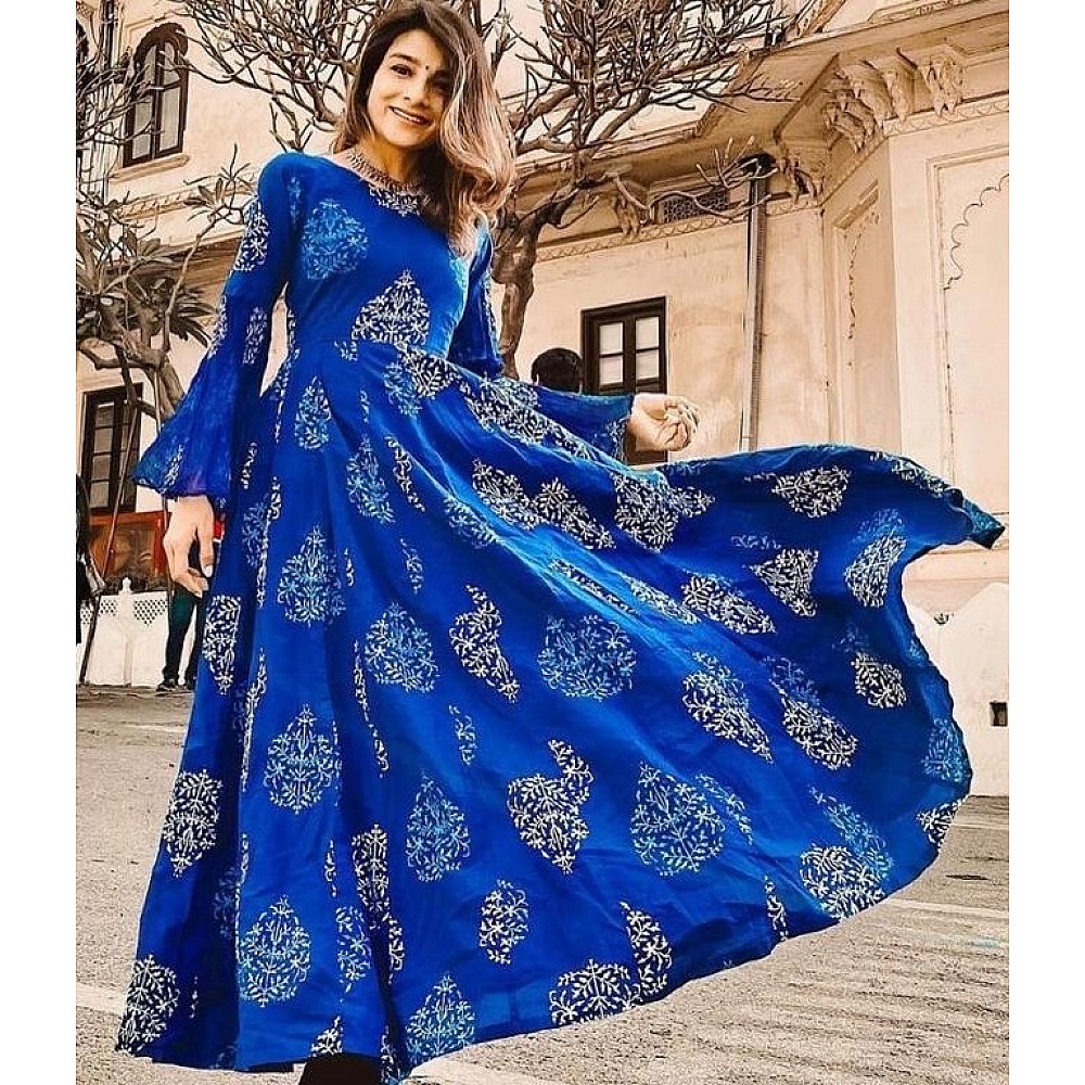 Blue georgette digital printed work gown