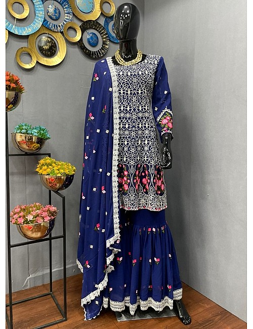 Blue georgette embroidered sharara salwar suit