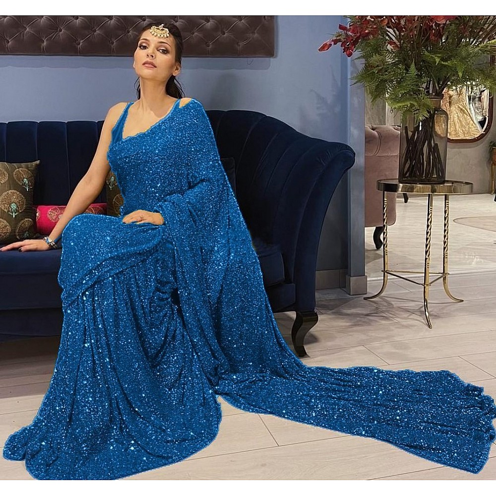 Blue georgette heavy sequence work party wear saree