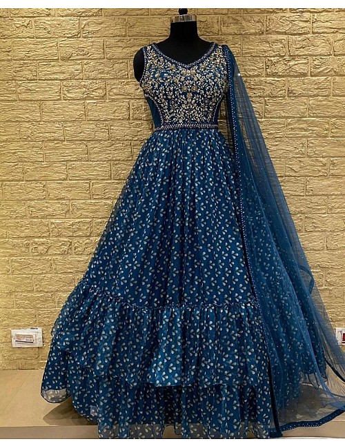Blue georgette printed and embroidered gown