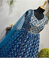 Blue georgette printed and embroidered gown