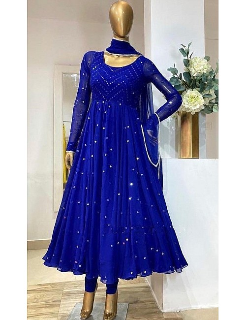 Blue heavy georgette fully embroidered work  occasional wear gown