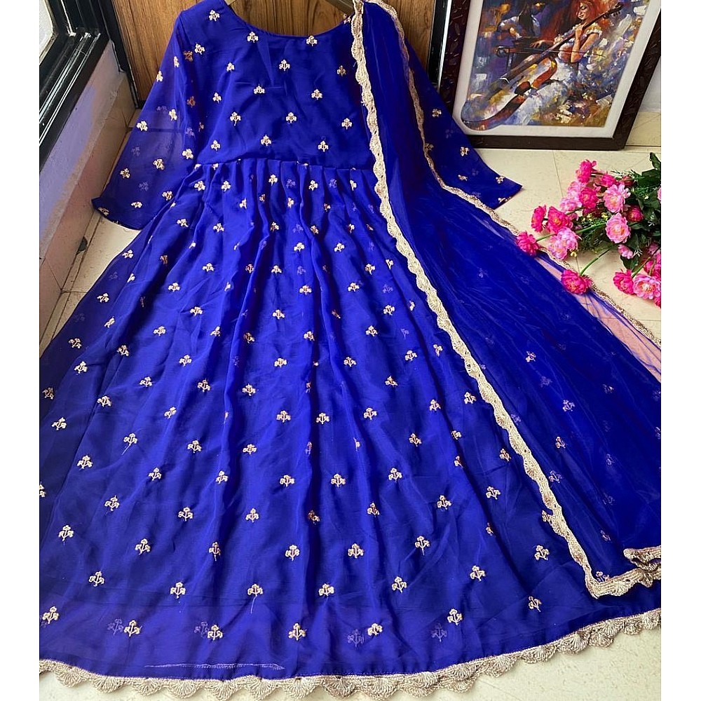 Blue heavy georgette with embroidered work party wear gown