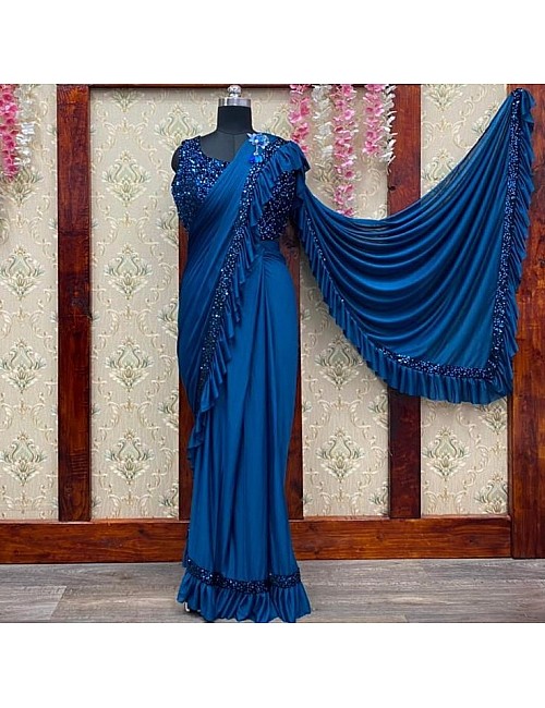 Blue imported fabric embroidered sequence work saree