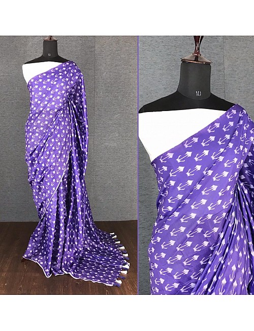 Blue italian finished cotton silk digital printed work saree