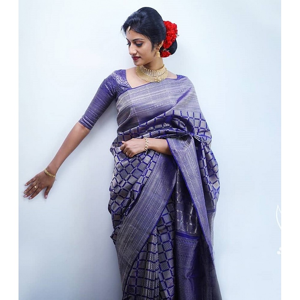 Blue kanchipuran kota silk jacquard pattern work saree