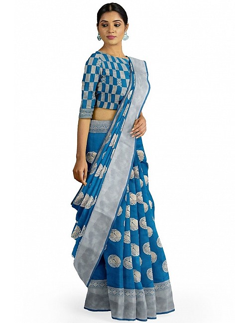 Blue kanjiwaram silk jacquard weaving work saree 