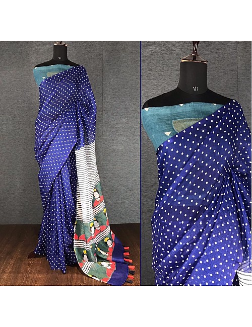 Blue linen digital print cotton tussles work saree