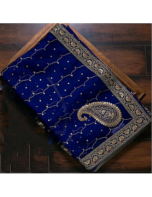 Blue organza silk thread with patch work designer saree