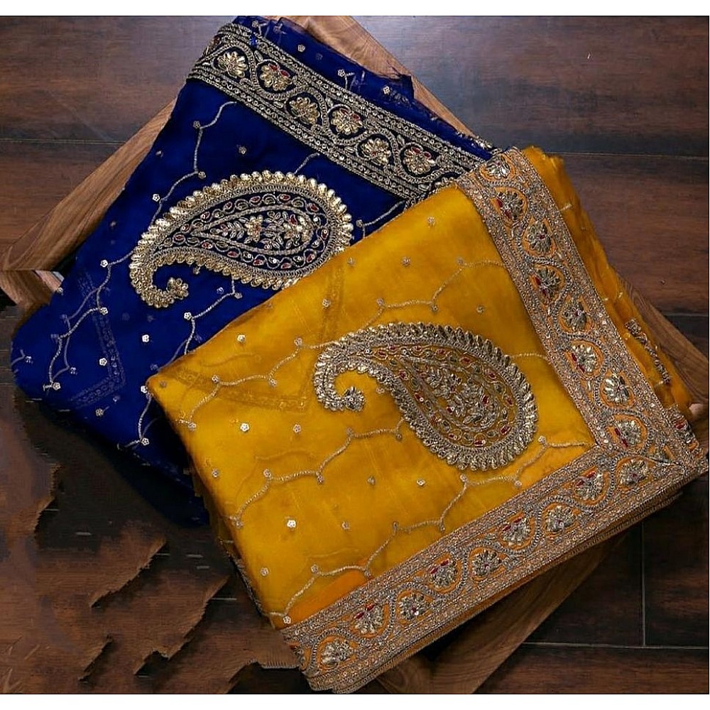 Blue organza silk thread with patch work designer saree
