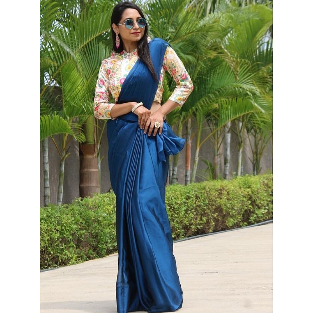 Blue rangoli silk party wear saree with embroidered blouse