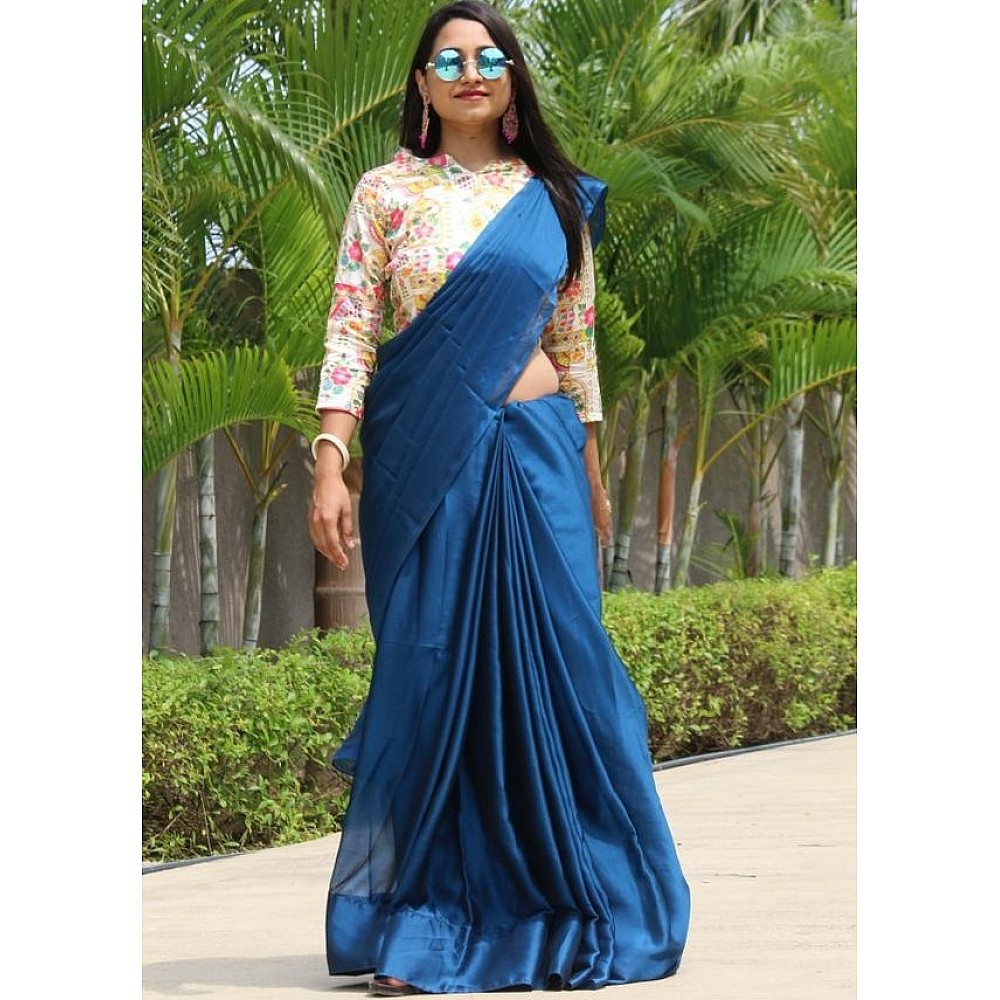 Blue rangoli silk party wear saree with embroidered blouse