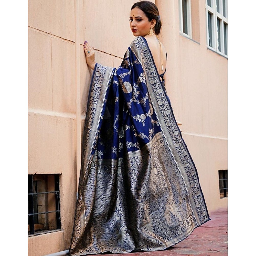 Blue soft lichi silk jacquard weaving work wedding saree