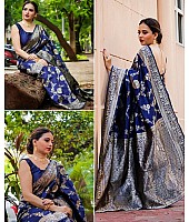 Blue soft lichi silk jacquard weaving work wedding saree