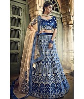 Blue velvet thread embroidered and zari work bridal lehenga choli