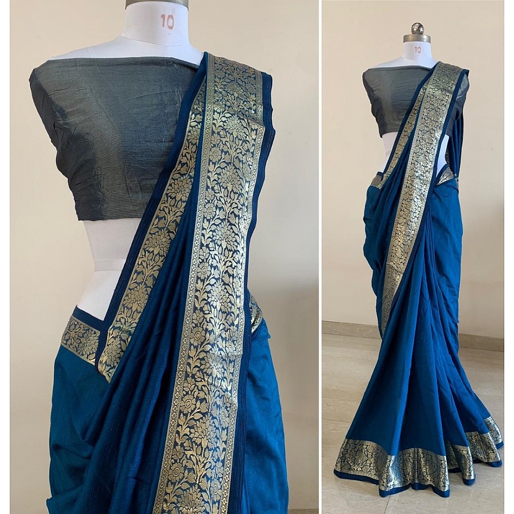 Blue vichitra silk jacquard weaving work party wear saree