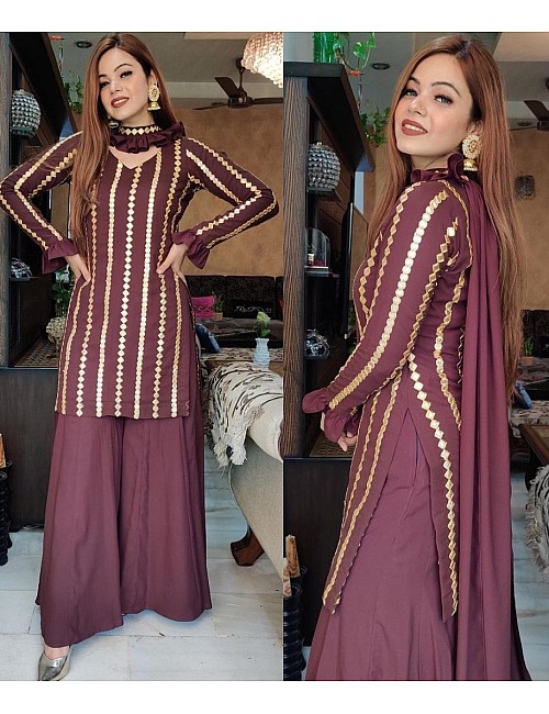 Brown georgette embroidered work party wear sharara suit 