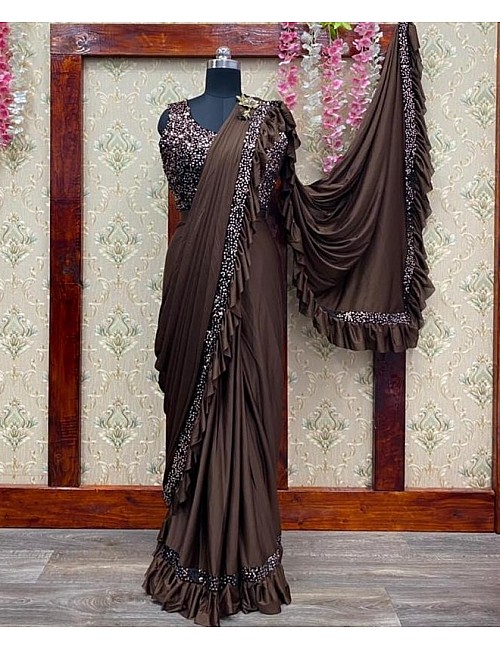 Brown imported fabric embroidered sequence work saree