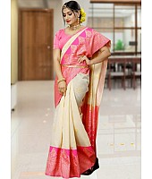 Cream kanchipuram soft lichi silk jacquard work wedding saree