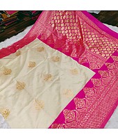 Cream kanchipuram soft lichi silk jacquard work wedding saree