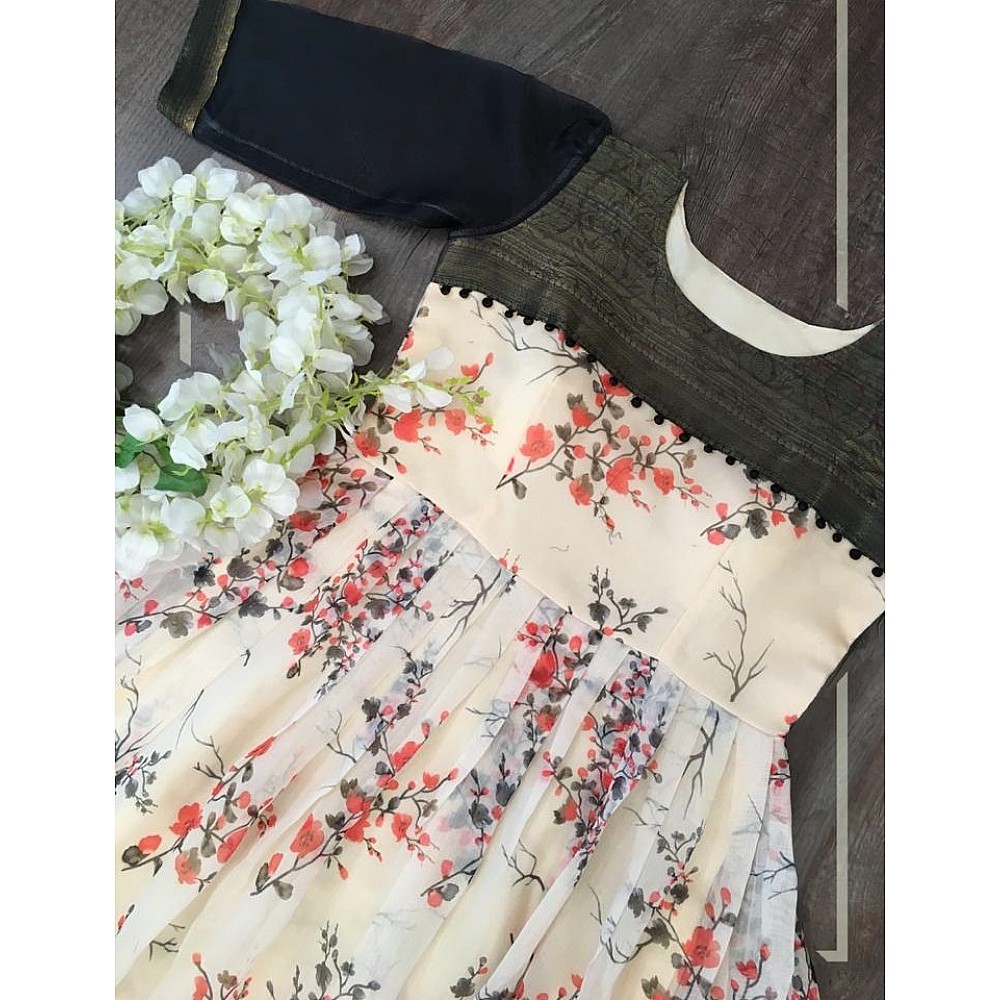 Gown : Cream soft cotton digital flower printed work gown