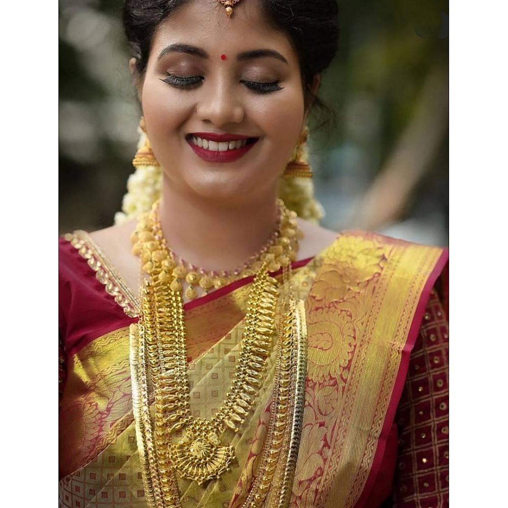 Cream soft lichi silk jacquard weaving work wedding saree