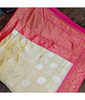 Cream soft lichi silk jacquard weaving work wedding saree
