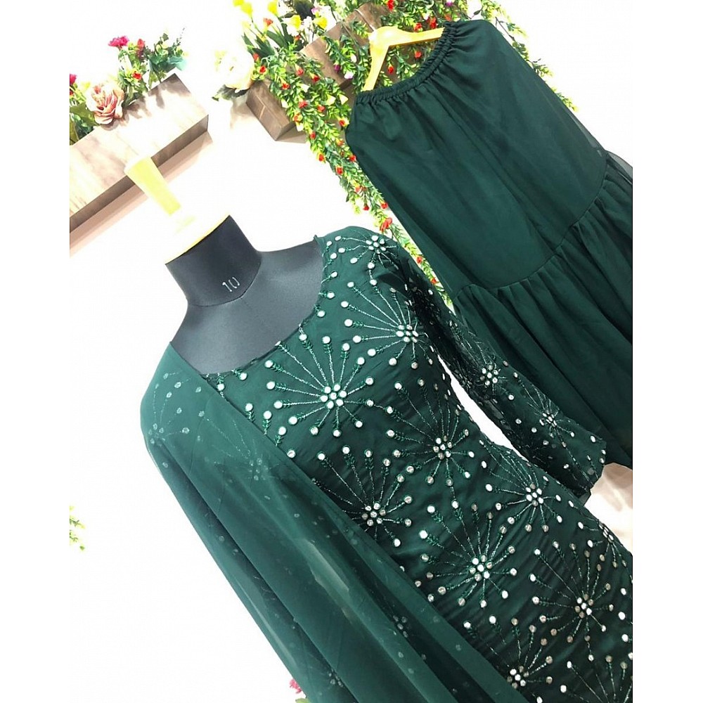 Dark green georgette embroidered sharara salwar suit