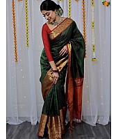 Dark green lichi silk jacquard weaving work wedding sare