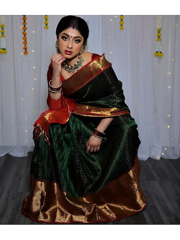Dark Green Bridal Kanjivaram Silk Saree | Avishya.com-sgquangbinhtourist.com.vn
