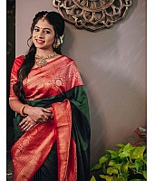 Dark green soft lichi silk jacquard weaving work wedding saree