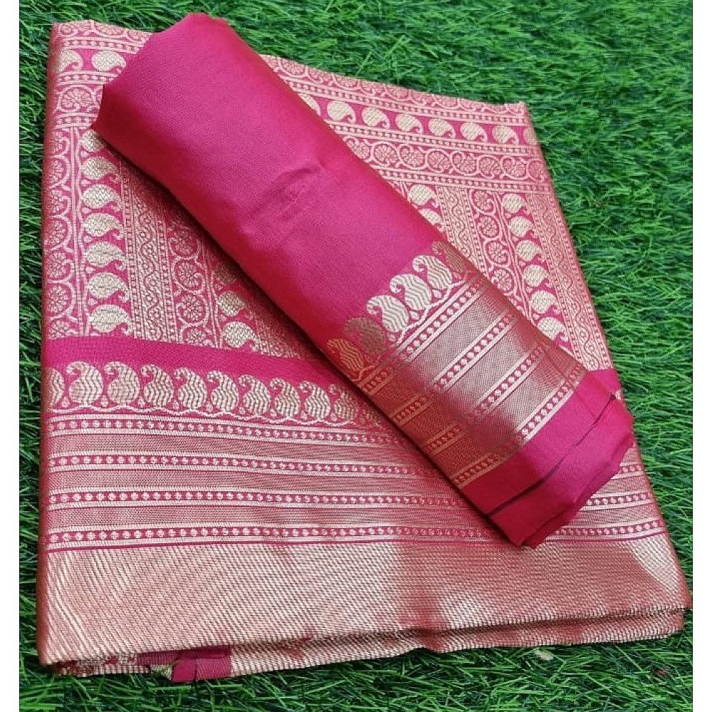 Dark pink banarasi kota silk jacquard weaing work wedding saree