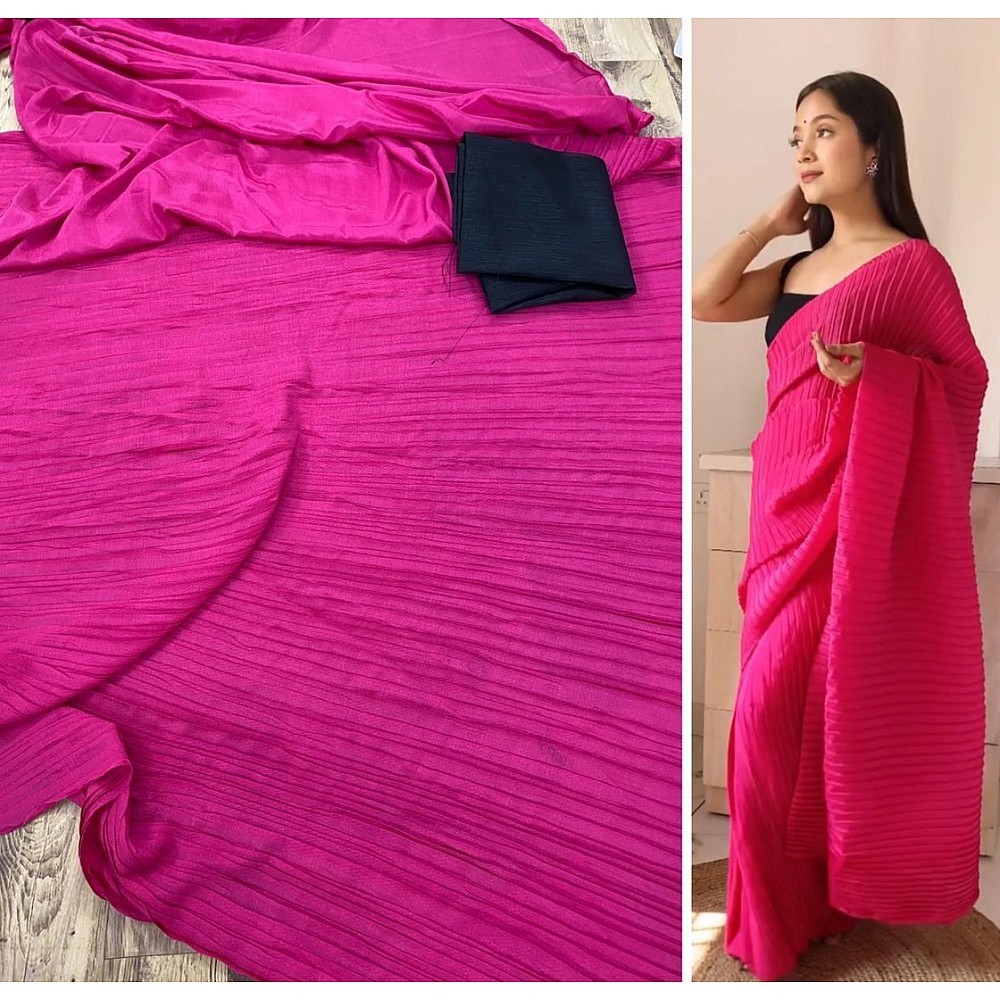 Dark pink chinu pleating work party wear saree